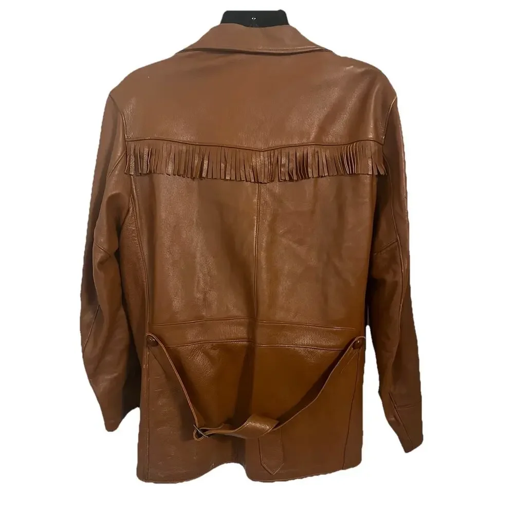 VTG 70s Deerskin Leather Jacket Fringe Western Belted Dagger Rock Brown L/XL 46